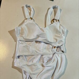 NWOT Womens Swimsuit Small One Piece Cutout White Rings Monokini TikTok